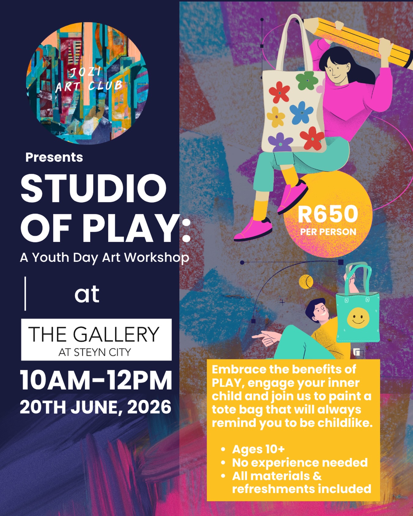 Join us at @the_gallery_at_steyn_city for a fabulous morning of PLAY 🤸🤸♀️🤸♂️
We’re honouring Youth Day with a workshop specially designed to engage the child in you!
When last did you PLAY?
Come and make your very own tote bag, that will always remind you to hang on to the childlike things in life 🥰🤗✨
📍The Gallery at Steyn City
📆 Saturday 20 June
⏰ 10am - 12pm
Ticket link in bio. Limited spots. 12yrs +
We hope to see you there 🥳